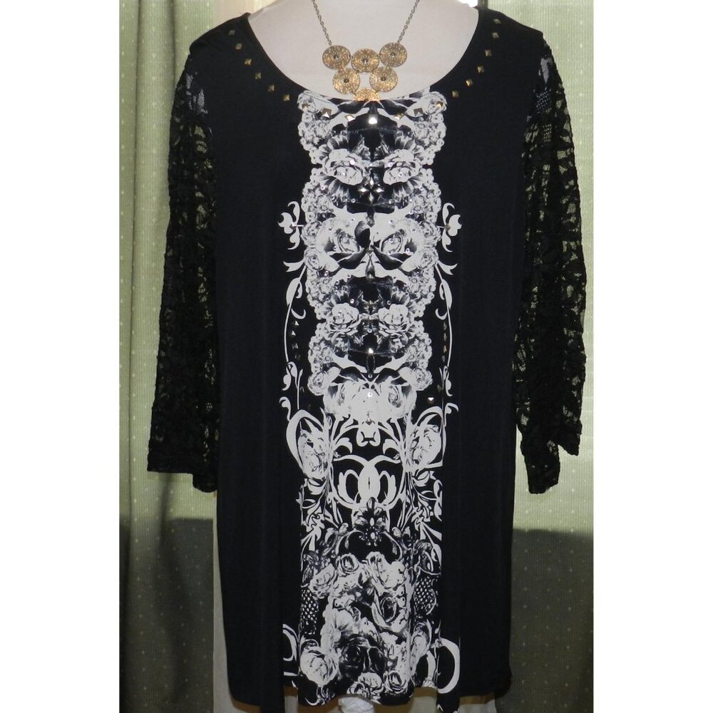 Style & Co 2X dress stretch blend lace sleeves artsy floral print plus size